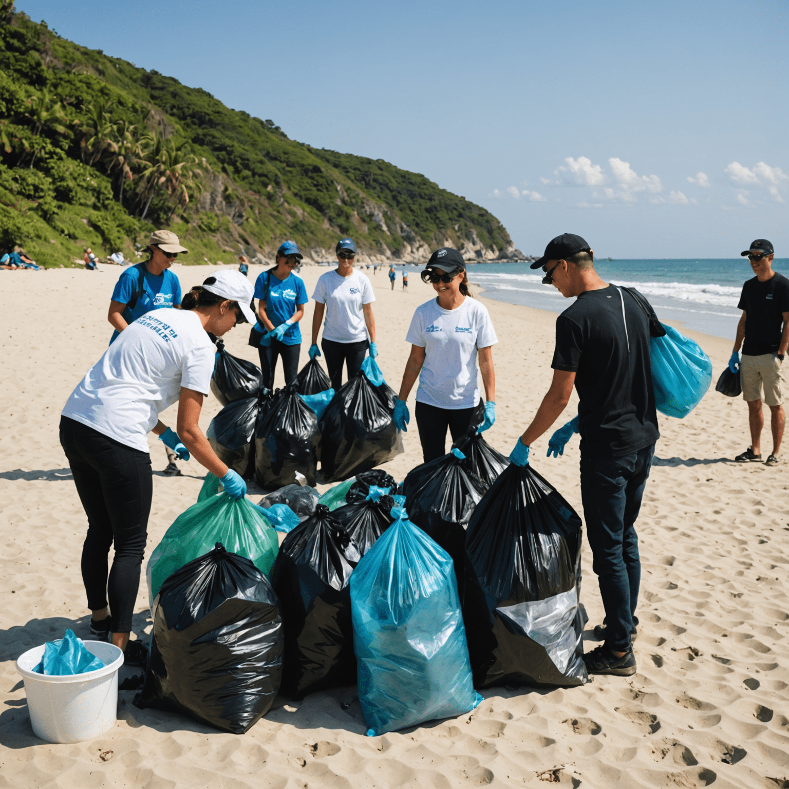 海洋プラスチック回収活動の様子。ビーチクリーンアップに参加するボランティアたち。